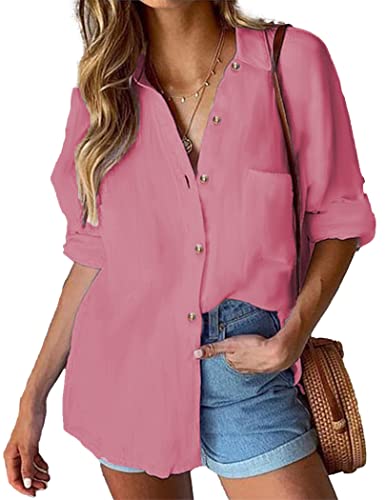 Hotouch Bluse Damen Langarm Blusenshirt V-Ausschnitt Hemden Elegant Hemdbluse mit Knöpfen Passform Oberteil mit Tasche Rosa XXL von Hotouch