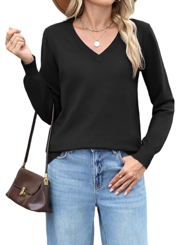 Hotouch Herbst Pullover Damen Langarm V-Ausschnitt Strickpullover Basic Sweater Locker Strickpulli Winter Schwarz XL von Hotouch