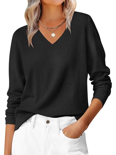 Hotouch Herbst Pullover Damen Langarm V-Ausschnitt Strickpullover Basic Sweater Locker Strickpulli Winter Schwarz XL von Hotouch