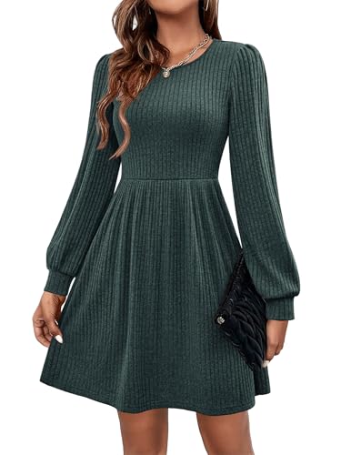 Hotouch Herbstkleid Damen Kleid Langarm Strickkleid Herbst Kleider Rundhals Winterkleid A-Linie Pulloverkleid Elegant Tunikakleid Freizeitkleid mit Taschen Grün XXL von Hotouch