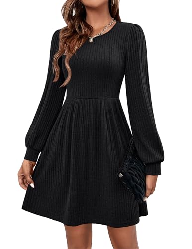Hotouch Herbstkleid Damen Kleid Langarm Strickkleid Herbst Kleider Rundhals Winterkleid A-Linie Pulloverkleid Elegant Tunikakleid Freizeitkleid mit Taschen Schwarz XXL von Hotouch