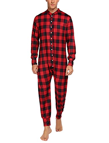 Hotouch Herren Schlafoverall Einteiler Pyjama Weich Jumpsuit Baumwolle Thermounterwäsche Lang Overall Onesie Kariert S von Hotouch