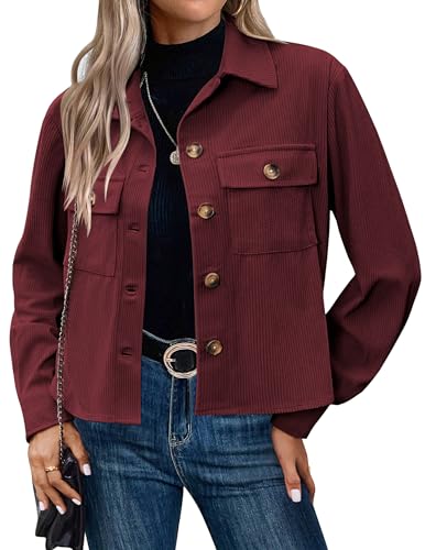 Hotouch Jacke Damen Bomberjacke Corduroy Shackets Button Down Jacket Kurze Hemdjacke Langarm Cordbluse Weinrot S von Hotouch