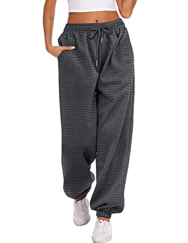 Hotouch Jogginghose Damen Waffle Lang Sporthose Baggy Trainingshose High Waist Sweatpants Modern Warm Jogger Hose Freizeithose Bequeme Laufhosen Dunkelgrau XL von Hotouch