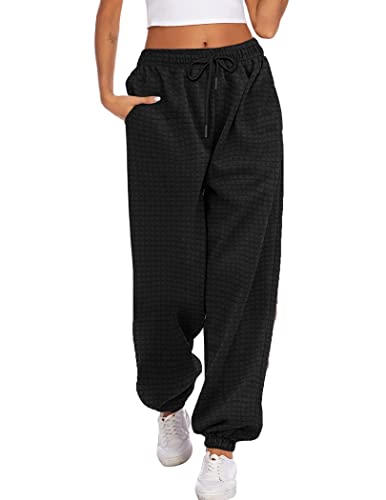 Hotouch Jogginghose Damen Warm Waffle Lang Hose Baggy Freizeithose Elastisch High Waist Hosen Winter Sweatpants mit Taschen Schwarz XXL von Hotouch