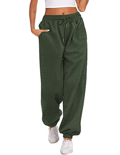 Hotouch Jogginghose Damen Baggy Freizeithose Yogahose Warm Waffle Lang Hosen Kordelzug Lose Sweat Pants Hausehose Sporthose mit Taschen Armeegrün M von Hotouch