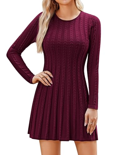 Hotouch Kleid Damen Elegant Strickkleid Herbst Knielang Pulloverkleid Einfarbig Kleider Winter Langarm Rundhals Herbstkleid Casual Rot S von Hotouch