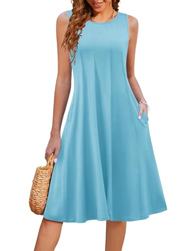Hotouch Kleid Damen Sommer Midikleid Ärmellos Sommerkleid Elegant Jerseykleid Mit Taschen Leicht Strandkleid Rundhals Lässige Tank Kleid Blau XL von Hotouch