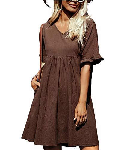 Hotouch Kleid Damen mit Taschen V-Ausschnitt Babydoll Kleid Freizeitkleid 2023 Neue Kleid Sommerkleid Damen Knielang Tunika Kleid A Linie Kurzarm Minikleid für Feiern & Urlaub im Sommer Braun L-Größe von Hotouch