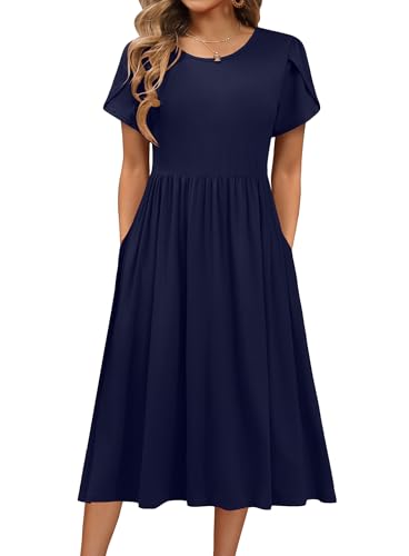 Hotouch Kleider Damen Sommer Kurzarm Rundhals Kleid Einfarbig Elegant Sommerkleid Strandkleid mit Taschen Marine S von Hotouch
