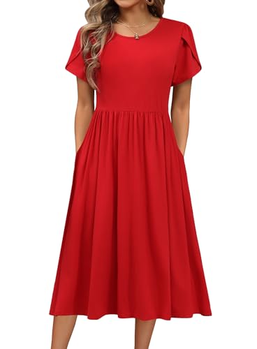 Hotouch Kleider Damen Sommer Kurzarm Rundhals Kleid Einfarbig Elegant Sommerkleid Strandkleid mit Taschen Rot XL von Hotouch