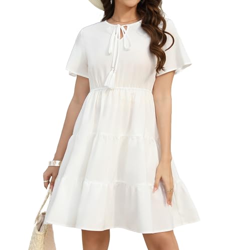 Hotouch Kleider Damen Sommer Kurzarm Strandkleid Rundhals Sommerkleider Einfarbig Shirtkleider Leicht Freizeitkleid Midi Kleid Weiß XL von Hotouch