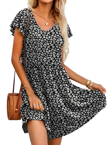 Hotouch Sommerkleid Damen V Ausschnitt A-Linie Kleider Einfarbig Strandkleid Elegant Kurzarm Freizeitkleid Gestuftes Rüschen Knielang Kleid mit Taschen Blume Schwarz L von Hotouch