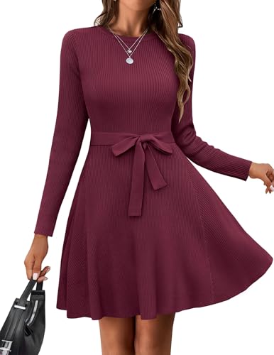 Hotouch Kleider Für Damen Langarm Strickkleid Elegant Midikleid Mit Gürtel Rundhals Pulloverkleid A-Linie Pullikleid Für Herbst Und Winter Weinrot M von Hotouch