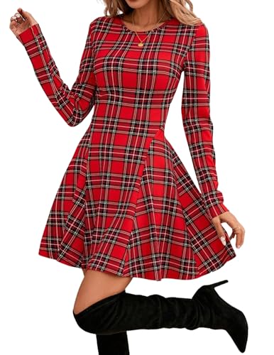 Hotouch Langarmkleid Damen Elegant Tunika Kleid Rundhals Casual Lose Swing Kleid Mini Kleider Hohe Taille Plaid Dress von Hotouch