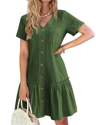 Hotouch Leinen Sommerkleid Damen Elegant Blusenkleid Button Down Minikleid Kurzärm Strandkleid V-Ausschnitt Hemdkleid Armeegrün XL von Hotouch