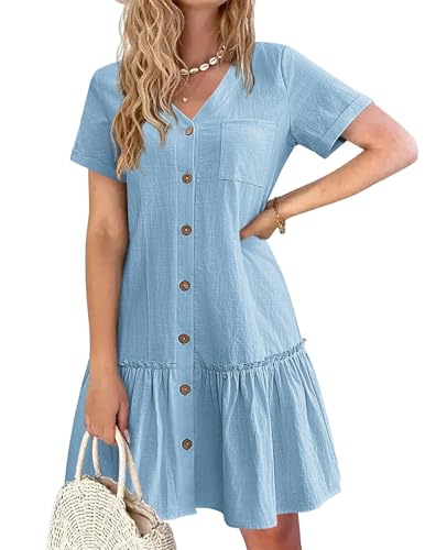 Hotouch Leinen Sommerkleider Lockere Button Down Blusenkleid Kurzärm Tunika Kleid Elegant Strandkleid Einfarbig Midikleid Hellblau XXL von Hotouch