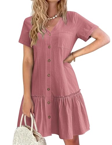 Hotouch Leinen Sommerkleider Lockere Button Down Blusenkleid Kurzärm Tunika Kleid Elegant Strandkleid Einfarbig Minikleid Rosa XXL von Hotouch