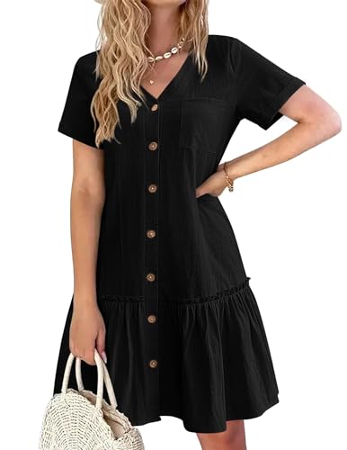 Hotouch Leinen Sommerkleider Lockere Button Down Blusenkleid Kurzärm Tunika Kleid Elegant Strandkleid Einfarbig Minikleid Schwarz XXL von Hotouch