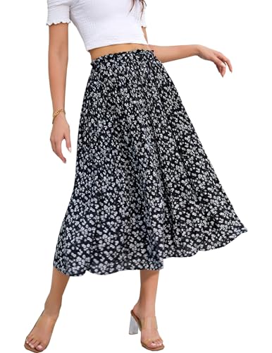 Hotouch Damen Chiffon Rock Lang Elastische Taille Blumenrock Frühling Sommer Plisseerock mit Tasche Strand Midirock Weiße Blume Größe S von Hotouch