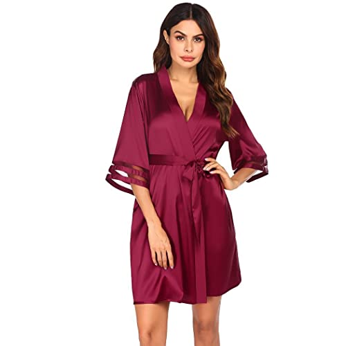 Hotouch Morgenmantel Damen Bademantel Kurz Kimono Loungewear mit Gürtel Robe Seide Leicht Negligee 3/4 Ärmel Nachtwäsche Sexy von Hotouch