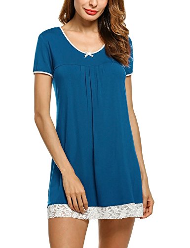 Hotouch Damen Sleepshirt Spitze Sommer Nachtkleid Rundhals Spitze Schlafhemd Sleepshirt Schlafanzug Sleepwear Nachtwäsche Blau L von Hotouch