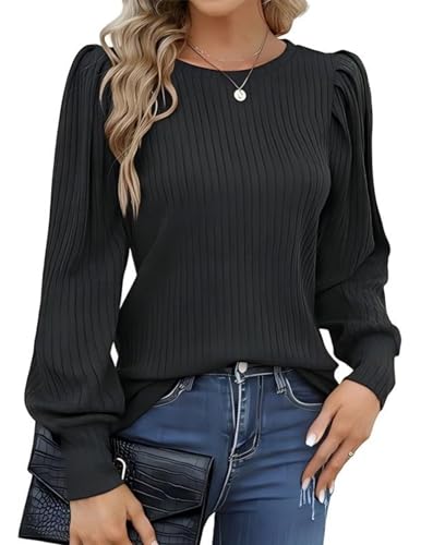Hotouch Damen Oberteile Puffärmel Elegant Rundhals Langarm Bluse Casual Dünner Pullover Herbst Winter Tunika Tops Grau M von Hotouch