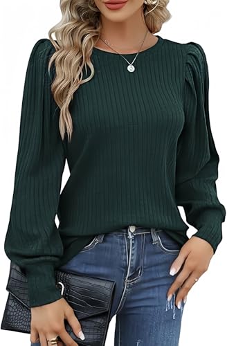 Hotouch Oberteile Damen mit Puffärmel Elegant Rundhals Bluse Herbst Casual Dünne Pullover Grün XL von Hotouch