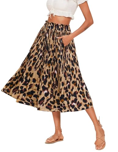 Hotouch Midi Leo Rock Damen Elastische Taille Chiffon Rock Sommer Elegant Swing Faltenrock Leoparden Maxirock mit Taschen Größe XL von Hotouch