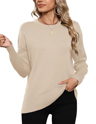 Hotouch Pulli Damen Weich Feinstrick Pullover Langarm Rundhals Oberteile Herbst Winter Locker Strickpullover Casual Sweater Beige M von Hotouch