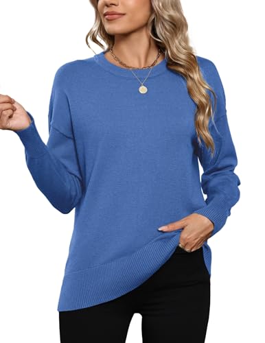 Hotouch Pullover Damen Herbst Gerippter Rundhals Oberteile Lose Langarm Strickpullover Lässige Sweater Weich Winterpullover Blau M von Hotouch