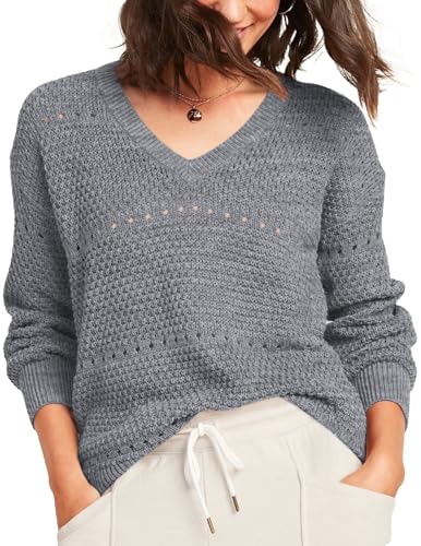 Hotouch Pullover Damen Strickpullover Herbst Elegant V-Ausschnitt Pulli Langarm Knit Sweater Einfarbig Leicht Strickpulli Winter Casual Oberteile Grau XXL von Hotouch