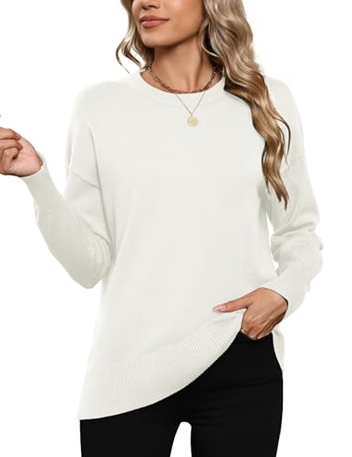 Hotouch Pullover Damen Weiß Rundhals Langarm Strickpullover Elegant Gerippt Pulli Casual Locker Feinstrick Pulli Herbst Winter Oberteile L von Hotouch