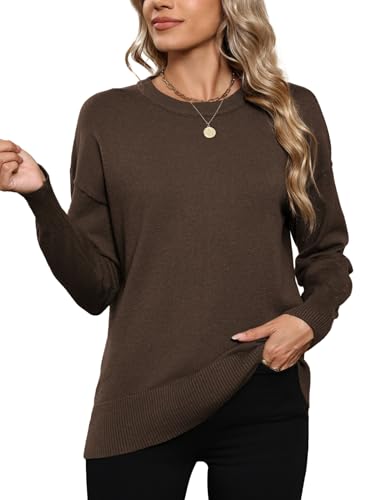 Hotouch Pullover für Damen Langarm Rundhals Sweater Casual Weich Strickpullover Elegant Gerippte Oberteile Herbst Winter Braun S von Hotouch