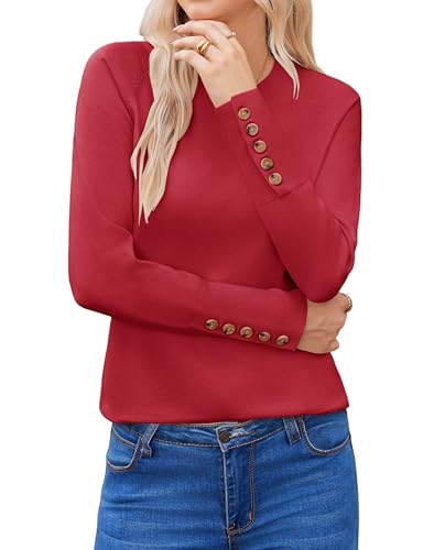 Hotouch Pullover für Damen Langarm Strickpullover Rundhals Pulli Herbst Winter Pullover Einfarbig Sweatshirt Casual Obertiele Rot M von Hotouch
