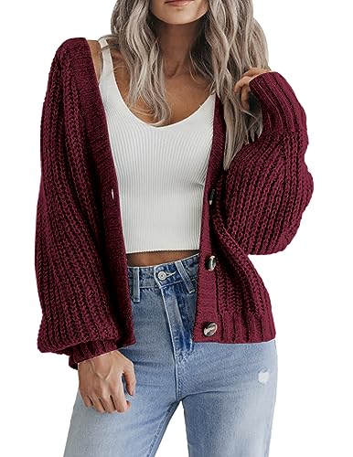 Hotouch Pullover & Strickjacken für Damen V-Ausschnitt Knöpfen Cardigan Kurz Laternenärmel Jacke Weich Weinrot Strickjacke Weihnachten XXL von Hotouch