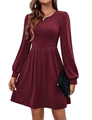 Hotouch Kleid Langarm Damen Strickkleid Herbst Kleider Rundhals Herbstkleid Puff Knielang Winterkleid Langarm Kleid A-Linie Freizeitkleid mit Taschen Dunkelrot XL von Hotouch