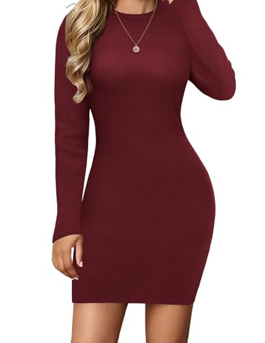 Hotouch Pulloverkleid Damen Langarm Herbstkleid Bodycon Kurz Strickkleid Elegant Rundhals Pullikleider Weiche Sweater Dress Weinrot S von Hotouch
