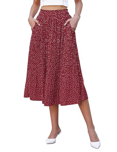 Hotouch Rock Damen Polka Dot Elastische Taille Faltenrock Sommer Chiffon Lang Elegant Plisseerock Sommerrock mit Taschen Rot Größe S von Hotouch