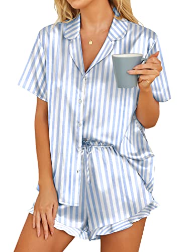 Hotouch Satin Schlafanzug Damen Kurz Pyjama Set Kurzarm Sommer Sleepwear Hausanzug, Streifen Blau XS von Hotouch