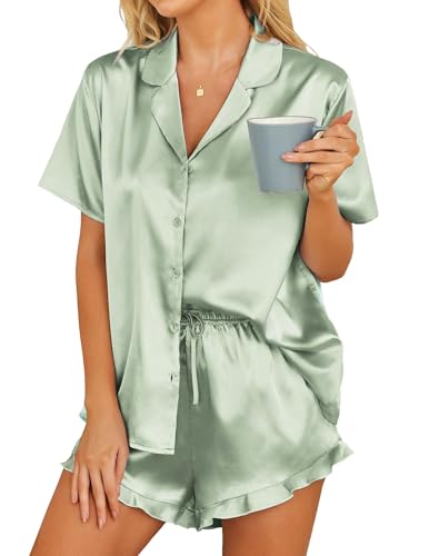 Hotouch Satin Schlafanzug Damen Kurz Pyjamas Set Kurzarm Sommer Sleepwear Hausanzug, Grün S von Hotouch