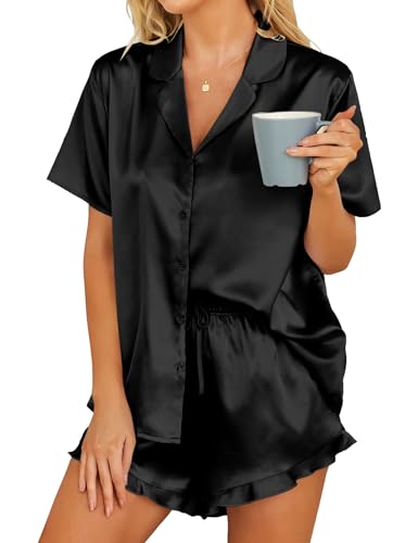 Hotouch Satin Schlafanzug Damen Kurz Pyjamas Set Kurzarm Sommer Sleepwear Hausanzug, Schwarz XS von Hotouch