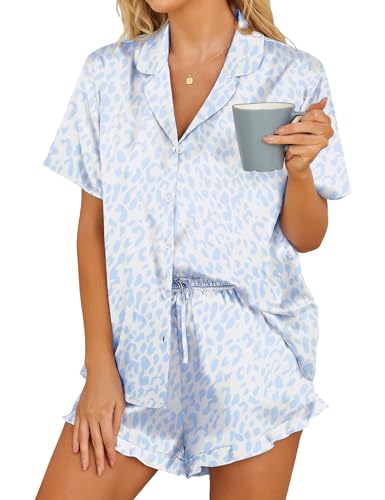 Hotouch Satin Schlafanzug Damen Sommer Kurz Pyjama Set Kurzarm Loungewear, Blau XXL von Hotouch
