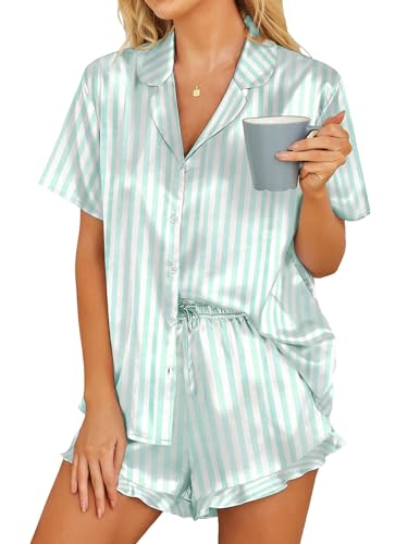 Hotouch Schlafanzug Damen Kurz Sexy Satin Pyjama Set Kurzarm Sommer Loungewear Sleepwear, Streifen Grün M von Hotouch