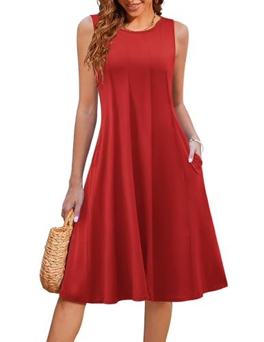 Hotouch Schöne Sommerkleider Elegant Damen Ärmellos Midikleid A Linie Strandkleid Leichte Jerseykleid Mit Taschen Tank Kleid Rot L von Hotouch