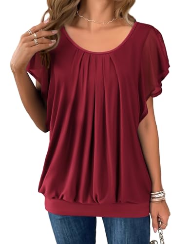 Hotouch Damen Sommer Shirt Netz Bluse Lang Tunika Elegant Chiffon Kurzarm T Shirts Rundhalsausschnitt Casual Batwing Sleeve Oberteile von Hotouch