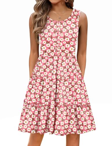 Hotouch Sommerkleid Damen Ärmellos Kleid Rundhals Ausschnitt Strandkleid Knielang Leicht Ärmellos Freizeitkleid mit Taschen Lässig Tank Kleid Casual Gänseblümchen M von Hotouch