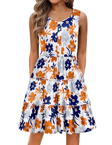 Hotouch Sommerkleid Damen Ärmellos Kleid Rundhals Ausschnitt Strandkleid Blumen Knielang Leicht Ärmellos Freizeitkleid mit Taschen Lässig Tank Kleid Casual Blau Orange XL von Hotouch
