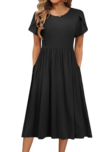 Hotouch Sommerkleid Damen Freizeit Kleider Einfarbig Rundhals Strandkleid Kurzarm Midi Kleid Lose A-Linie Kleider mit Tasche S-XXL Schwarz M von Hotouch