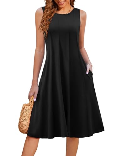 Hotouch Kleid A Linie Damen Sommerkleid Ärmelloses Sommer Midikleid Strandkleid Rundhals Tank Kleider Leicht Und Luftig Mit Taschen Schwarz S von Hotouch